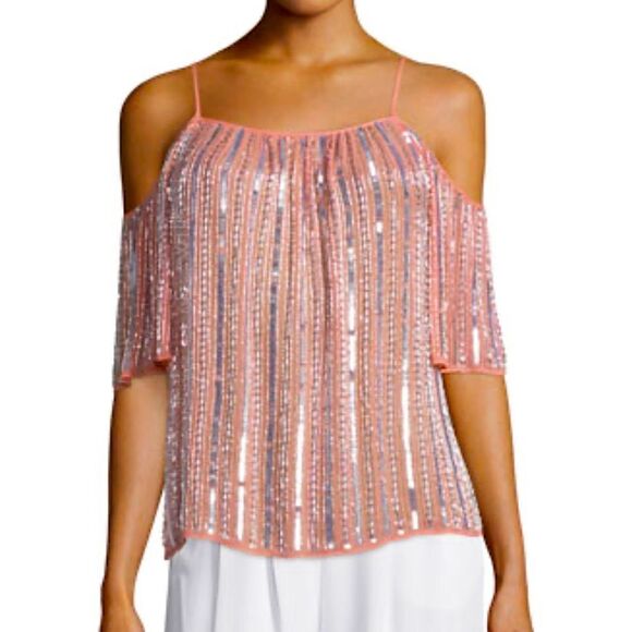 Parker Border Cold Shoulder Beads Sequins Embellished Marmalade Blouse Sz XS - Picture 8 of 8